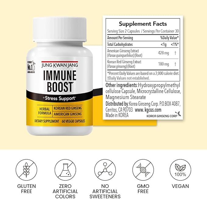 JungKwanJang Immune Boost, Adaptogen Supplement with American Ginseng and Korean Red Ginseng Duo for Immunity, Energy, Fights Fatigue, All-Natural, Stress Support for Men and Women