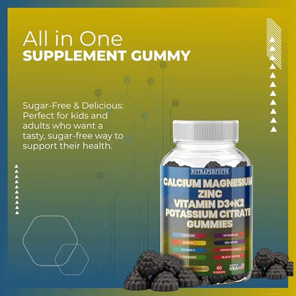 Sugar Free Calcium Gummies for Kids & Adults Citrate Magnesium Glycinate Potassium Vitamin D3 K2 B2 B6 C Irish Sea Moss Ashwaghanda L-Theanine Boron Zinc Gummies for Muscles, Cellular Energy