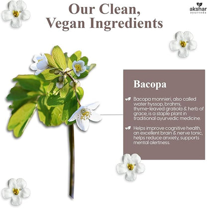 AKSHAR Ayurveda - Bacopa 500mg Brahmi Supplement, Rejuvenate System - Bacopa Pills to Support Cognitive Function for Adults - Vegan Cruelty Free Bacopa Monnieri (60 Count)
