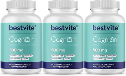 BESTVITE Cognizin 500mg (180 Vegetarian Capsules) (60x3) - Clinically Studied Premium Choline Nootropic - No Stearates - Vegan - Non GMO - Gluten Free - Brain Supplements for Memory and Focus