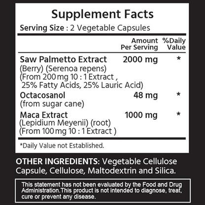 Saw Palmetto 1000 mg 120 Vegan Capsules. 3 in 1. Premium Quality with Octacosanol & Maca. Prostate, Urinary Health, Circulatory Health, Natural Energizer.