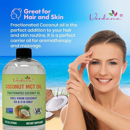 Verdana MCT Oil – 16 Fl Oz Dietary Supplement – 100% Coconut Derived, Fractionated, Food Grade – for Oil Pulling, Keto Coffee, Oral Rinse, Massage & Aromatherapy – Vegan, Non-GMO, Kosher