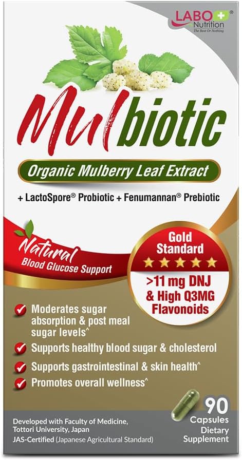 LABO Nutrition Mulbiotic Capsule, Organic Mulberry Leaf Extract + LactoSpore Probiotic & Fenumannan Prebiotic, for Healthy Carb Cravings Support, Vegetarian, Non-GMO