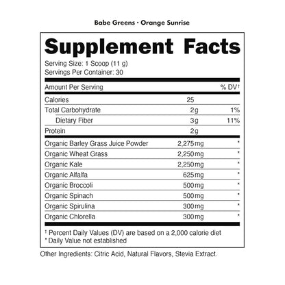 Greens Superfood Powder Orange Sunrise| 8 Most Essential Mixed Greens| Certified 100% Organic | Chlorella, Spinach, Kale, Spirulina, Alfalfa, Broccoli, Wheat Grass, & Barley Grass | 30 SERV | 11.75 OZ