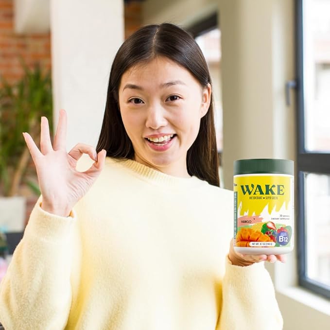 Wake Antioxidant Super Greens, Best Natural Powder Superfood, Spirulina & Chlorella, Vitamin B12, Non-GMO Vegan Drink, Juice & Smoothie Blend, Enzymes, Probiotics, Acai Berry & Camu Camu