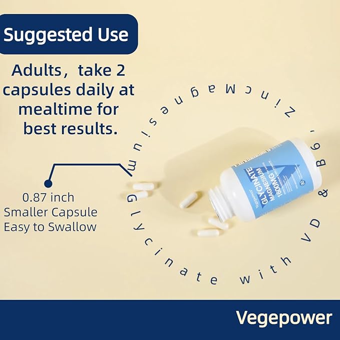 Magnesium Glycinate 200mg, High Absorption Vegan Magnesium Supplement, Fully Chelated Magnesium Zinc Vitamin D & B6, Magnesium Bisglycinate for Sleep, Bone & Muscle Health, Nerve, Non-GMO, 90 Capsules
