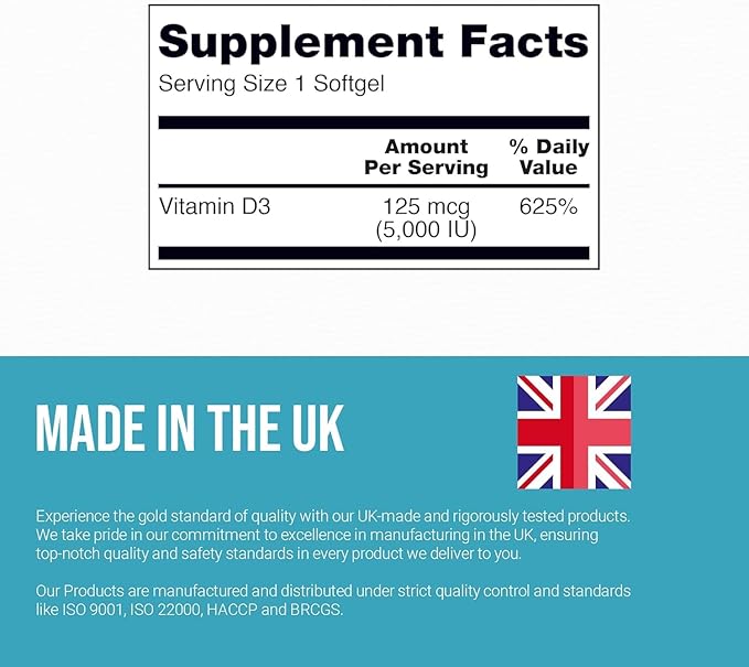 Certified Preservative-Free Vitamin D3 5000 IU Softgels Capsules - Gluten Free, Non-GMO - Vitamin D Supplement Support for Healthy Bones Muscle and Immune System, Made in UK, 365 Count (1 year supply)
