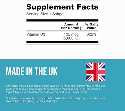 Certified Preservative-Free Vitamin D3 5000 IU Softgels Capsules - Gluten Free, Non-GMO - Vitamin D Supplement Support for Healthy Bones Muscle and Immune System, Made in UK, 365 Count (1 year supply)