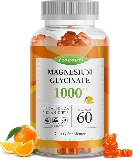 Magnesium Glycinate Gummies 1000mg - for Adults Magnesium Potassium Supplement with Vitamin D, B6, CoQ10 for Calm Mood & Sleep Support - 60 Orange Gummies -1 Pack