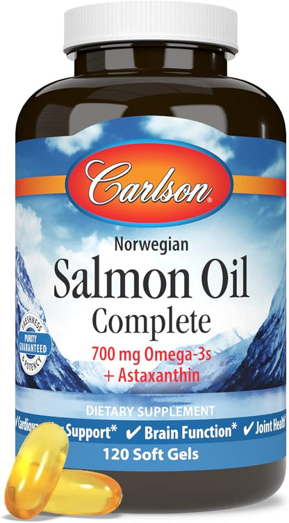 Carlson - Salmon Oil Complete, 700 mg Omega-3s + Astaxanthin, Cardiovascular Support, Brain Function & Joint Health, 120 soft gels