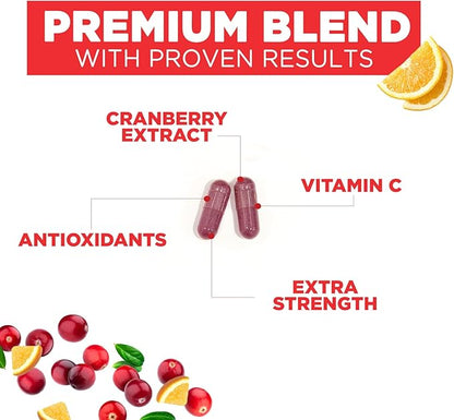 Cranberry Supplement Pills + Vitamin C - Made with 25,000mg Cranberry Concentrate Whole Fruit Extract to Help Cleanse & Support Urinary Tract Health, Sugar Free for Women & Men, Non-GMO, 60 Capsules