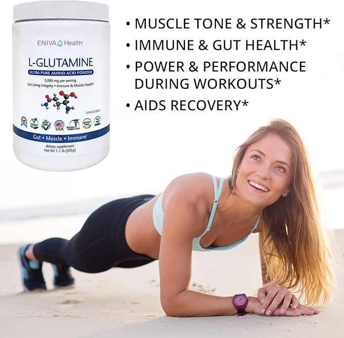 Eniva Health L-Glutamine Pure Powder, Unflavored (101 Servings) | Vegan, Gluten-Free, Sugar-Free, Non-GMO | Doctor-Formulated, USA Made | Gut Health, Leaky Gut, Bloating, Muscle Health, Immune System