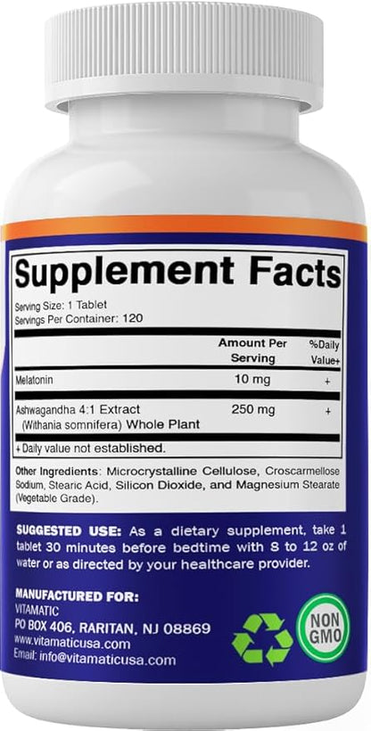 Vitamatic Melatonin 10mg with Ashwagandha 4:1 Extract 250 mg 120 Tablets