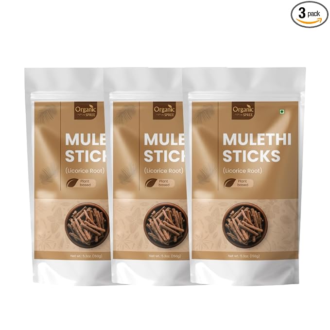 Organic Spree Licorice - Mulethi Sticks - 5.3oz (150gm) Pure and Natural Yashtimadhu - Jethimadh 150gm - Pack of 3