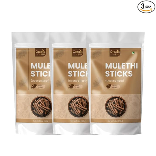 Organic Spree Licorice - Mulethi Sticks - 5.3oz (150gm) Pure and Natural Yashtimadhu - Jethimadh 150gm - Pack of 3