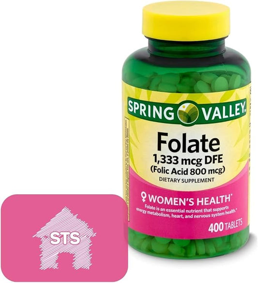 Spring Valley Folate Dietary Supplement, 1,333 mcg, 400 Count + STS Home Fridge Magnet.