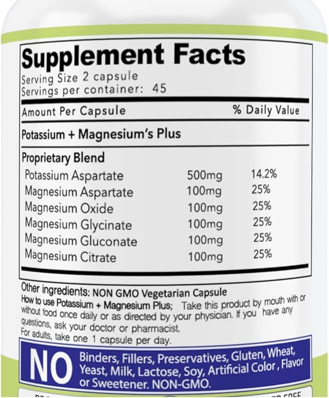 Our Daily Vites Potassium Magnesium Supplement 1000 mg - Powerful Magnesium Potassium Supplement with 5 Forms of Magnesium for Muscle Recovery, Leg Cramps, Gluten-Free Non-GMO - 90 Caps (1000 mg)