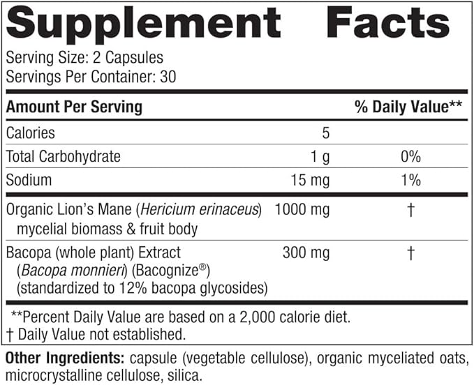 Nordic Naturals Cognition Mushroom Complex, Unflavored - 60 Capsules - Brain, Memory & Mood Support - Blend of Lion’s Mane Mushroom & Bacopa Extract - Non-GMO - Certified Vegan - 30 Servings