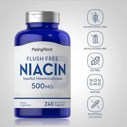 Piping Rock Niacin 500mg | Flush Free | 240 Capsules | Vitamin B3 Supplement | Non-GMO, Gluten Free