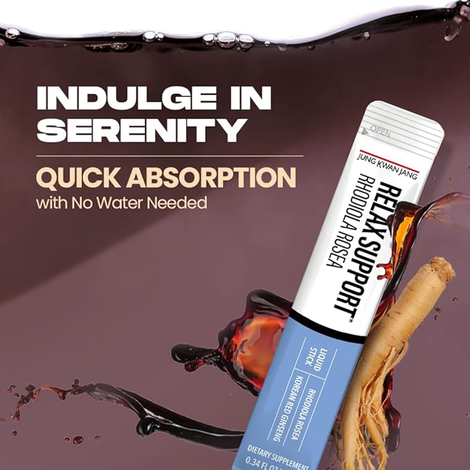 JungKwanJang Relax Support Rhodiola Rosea (800mg), Korean Red Ginseng Everytime Extract Sticks, Relaxation Supplement for Calm and Clarity, 10 Count