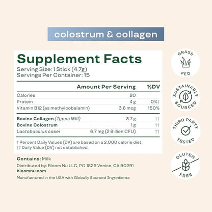 Bloom Nutrition Bovine Colostrum Powder Packet, Gut Health, Immune Support, Hair Growth & Beauty Supplement, Gluten Free, Sugar Free | Unflavored, 15 Servings