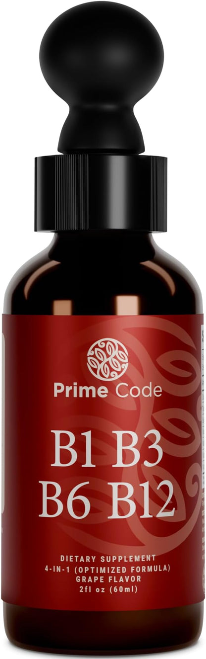 Prime Code Liquid Vitamin B1 Drops with Vitamin B3 B6 & B12 | B Complex Liquid Supplement | Thiamine Supplement for Adults | High Absorption | Immune Support | Non-GMO | Gluten-Free