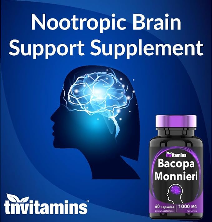 Bacopa Monnieri Capsules 1000 MG (60 Capsules) | Nootropic Brain Support Supplement* | Bacopa Leaf Extract Powder Pills