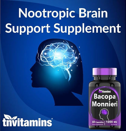 Bacopa Monnieri Capsules 1000 MG (60 Capsules) | Nootropic Brain Support Supplement* | Bacopa Leaf Extract Powder Pills