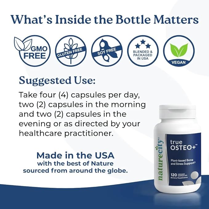 NatureCity True-Osteo+ for Bone Strength & Density | Plant Based Calcium Supplement with Organic AlgaeCal Calcium & Magnesium, Vitamin D3, K2, Silicon & Stress Support | 120 Veggie Capsules