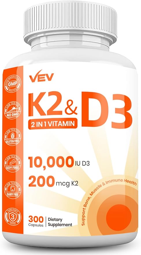 VEV Vitamin D3 K2, 10,000 IU D3, 200mcg K2 (with MK7), Supports Bone and Teeth Health, Dual Nutrient Support for Daily Wellness, Easy to Swallow (Packaging May Vary) – 300 Capsules