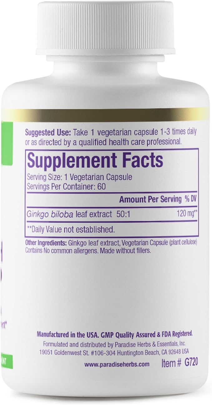 Paradise Herbs Ginkgo Biloba Extract, Super Potent, Ultra Pure, Vegan, Non GMO, Gluten Free, 60 Vegetarian Capsules