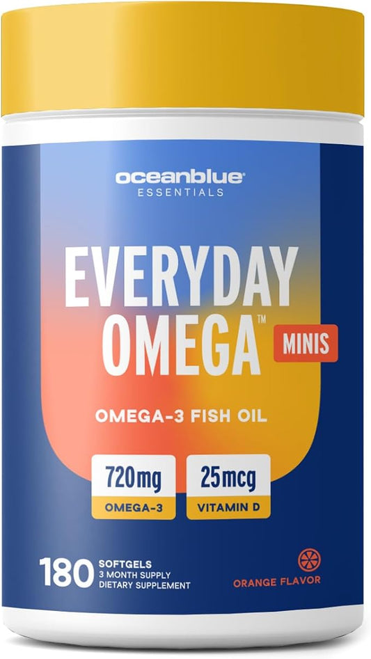 Oceanblue Essentials Everyday Omega Minis – 180ct – Burpless Fish Oil with Vitamin D3 – for Heart and Immune Support – Easy to Swallow Mini Softgels – Tasty Orange Flavor – 3 Month Supply