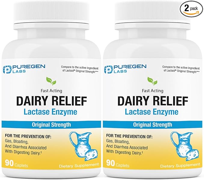 Puregen Labs Dairy Relief Natural Fast Acting Lactase Enzyme 3000 FCC, Lactose Intolerance Pills | 2 Pack - 180 Caplets Total