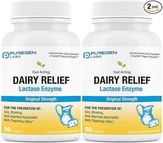 Puregen Labs Dairy Relief Natural Fast Acting Lactase Enzyme 3000 FCC, Lactose Intolerance Pills | 2 Pack - 180 Caplets Total