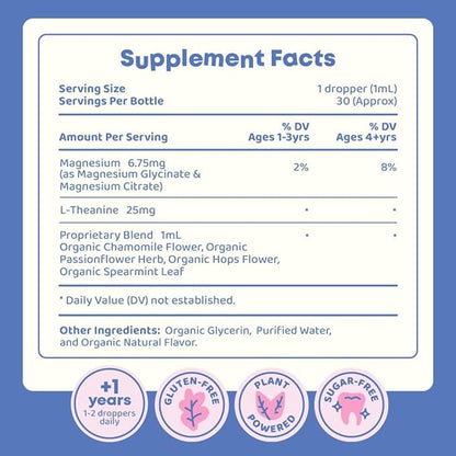 JoySpring Magnesium Citrate & Glycinate Liquid for Kids – Sugar & Gluten-Free Supplement with L-Theanine & Chamomile – Supports Kids & Teens (1 fl oz, 30 Servings)