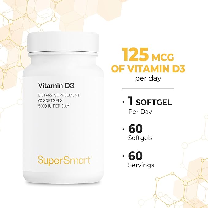 Supersmart - Vitamin D3 5000 IU per Day (125mcg) - High Potency & Bioavailability - with Sunflower Oil | Non-GMO & Gluten Free - 60 Softgels