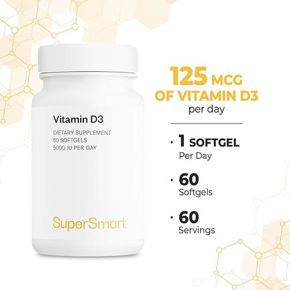Supersmart - Vitamin D3 5000 IU per Day (125mcg) - High Potency & Bioavailability - with Sunflower Oil | Non-GMO & Gluten Free - 60 Softgels