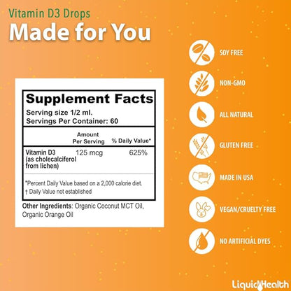 LIQUIDHEALTH Vitamin D3 5000 IU, USDA Organic Vitamin D Liquid Drops for Adults & Kids, Vegan Vitamin D for Immune System Support, Bone Health, Mood Support, Healthy Skin - Made in USA (2 oz)