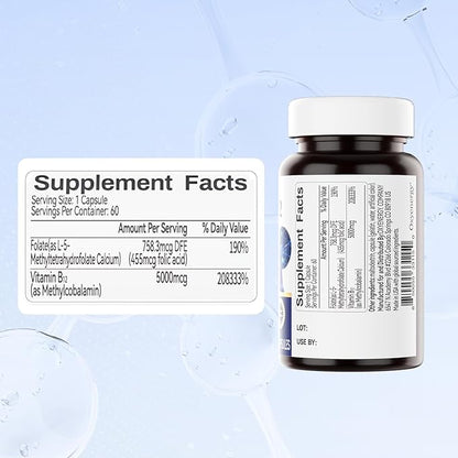 OxyEnergy Methyl Vitamin B12 5000mcg, Extra Strength Methylcobalamin B-12 Supplements with Folate, Support Nerves, Energy Metabolism & Cognitive,60 Capsules