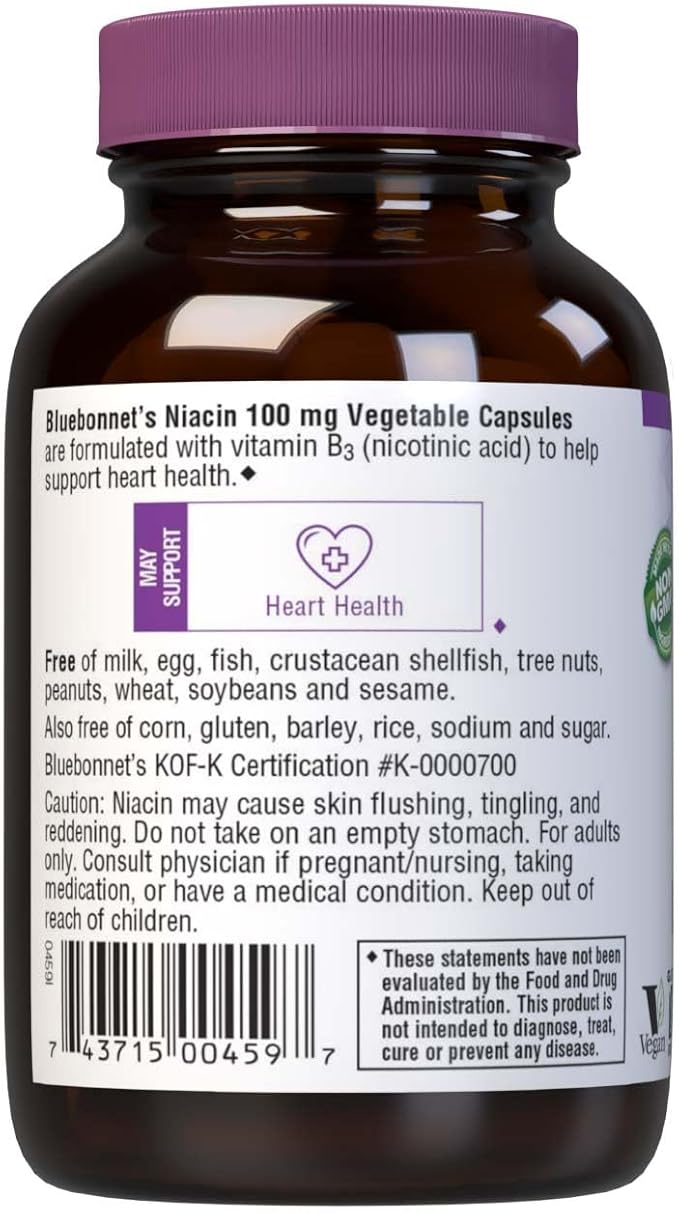 Bluebonnet Niacin 100mg Vitamin B3 Nicotinic Acid - Heart Health Support for Women & Men* - Non-GMO, Vegan, Kosher, Gluten-Free, Soy-Free, Dairy-Free Flush Niacin Supplement - 90 Vegetable Capsules