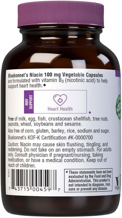 Bluebonnet Niacin 100mg Vitamin B3 Nicotinic Acid - Heart Health Support for Women & Men* - Non-GMO, Vegan, Kosher, Gluten-Free, Soy-Free, Dairy-Free Flush Niacin Supplement - 90 Vegetable Capsules