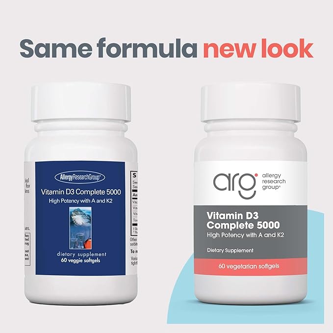 Allergy Research Group Vitamin D3 Complete 5000 IU - Vitamin D3 and K2 Supplement, Daily Balance, with Vitamin A, DeltaGold Tocotrienols, High Potency, Veggie Softgels - 60 Count