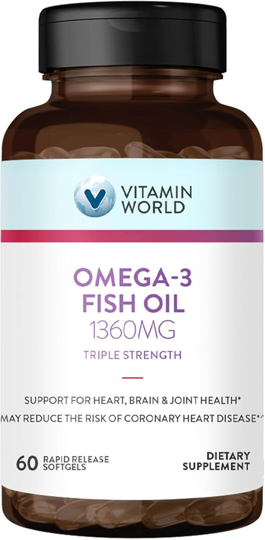 Vitamin World Triple Strength Omega 3 Fish Oil 1360 mg Supplement, 950 mg Active Omega-3 Fatty Acids with EPA & DHA, Supports Heart, Brain & Joint Health, Gluten Free, 60 Softgels, 2 Months Supply