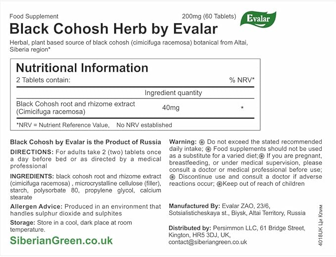 Evalar Black Cohosh Cimicifuga Herbal Extract Siberian Ci-Klim Vegan 60 Tabs