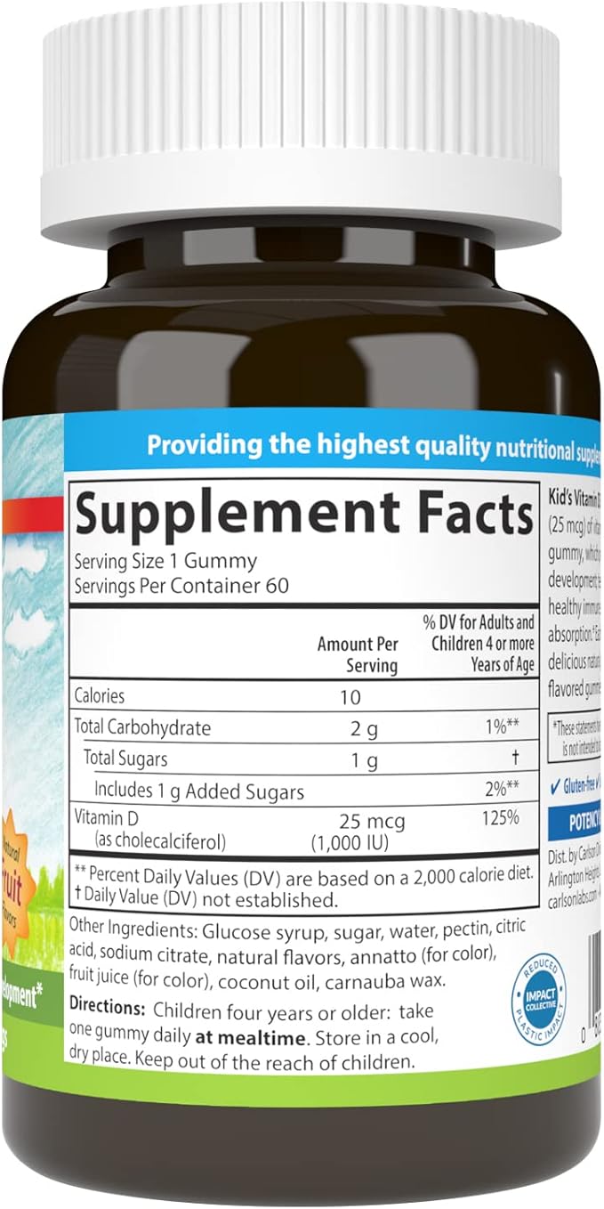 Carlson - Kid's Vitamin D3 Gummies, 1000 IU (25 mcg), Bone Health & Immune Support, Growth & Development, Vitamin D Gummies, D3 Gummy Vitamins, Natural Fruit Flavors, 60 Vegetarian Gummies