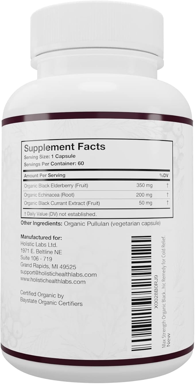 Max Strength USDA Organic Black Elderberry, Black Currant Extract & Echinacea | 3 in 1 Natural Immune Support & Vitamin C | Sugar-Free, Vegan-Friendly | Homeopathic Remedy | 60 Count