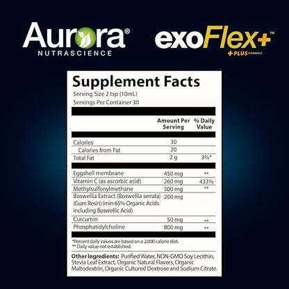 Aurora Nutrascience Micro-Pack Liposomal exoFlex+ with Vitamin C, Supports Joint Flexibility & Function, BiovaFlex Eggshell Membrane, Curcumin & Boswellia, Strwaberry, 30 Servings, 10 fl oz