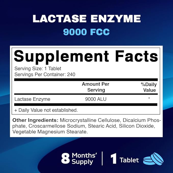 Vitamatic Lactase Enzyme 9000 FCC 240 Tablets - Lactose Intolerance Relief Caplets