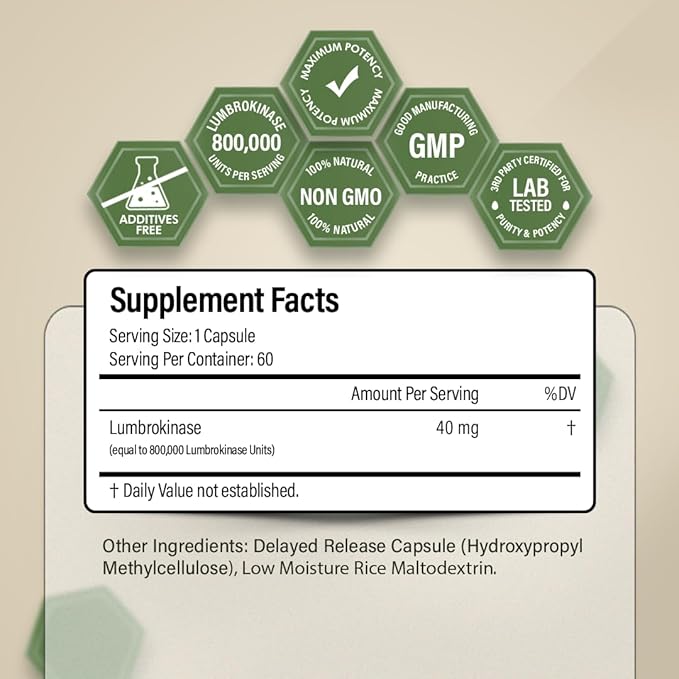 Lumbrokinase Supplement 40mg (60 Capsules) - Maximum Activity-800,000 UI - Pure Lumbrokinase Enzymes Digestive enzymes, Better Than serrapeptase Nattokinase Supplement, Lab Tested, Non GMO