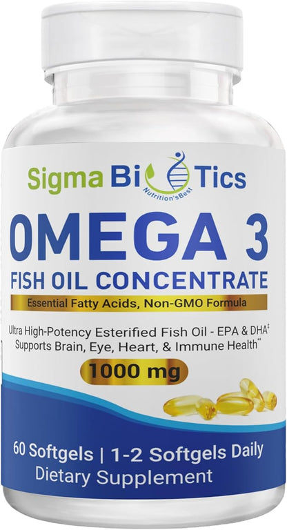 Sigma Biotics Omega 3 Fish Oil 1000mg - Supplements with High EPA & DHA Concentration for Heart, Brain & Joint Health - Non-GMO, Purity-Tested Fish Oil Supplements - 60 Softgels